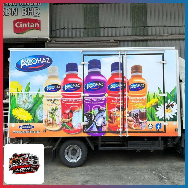Mobile food cart sticker lori — branding penuh